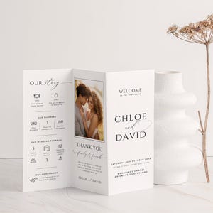 Trifold Wedding Program Template Canva, INSTANT DOWNLOAD, Minimalist Infographic Folded Booklet Photo, Fun Facts, Order Of Events - EP100