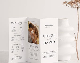 Trifold Wedding Program Template Canva, INSTANT DOWNLOAD, Minimalist Infographic Folded Booklet Photo, Fun Facts, Order Of Events - EP100