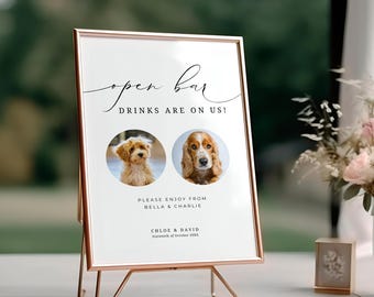 Letrero "Bebidas por cuenta de nosotros" para mascotas en bodas, letrero de perro con barra libre, letrero de bebida con foto de mascota, menú de bar, minimalista, descarga instantánea - EP100