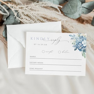 Carte de réponse aux besoins du client pour mariage avec option nourriture, TÉLÉCHARGEMENT IMMÉDIAT, veuillez répondre dans l'encart, demande de chanson, toile de répétition pour dîner, hortensia bleu - EP015