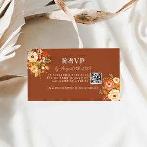 Wedding Invitation Rsvp Burnt Orange Floral, INSTANT DOWNLOAD, RSVP Card with Meal Option Icons, Dietary requirements, Qr Code - EP009