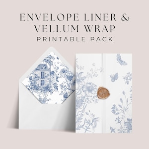 Vellum Wrap, 5x7 Envelope Liner Template, INSTANT DOWNLOAD, DIY Vellum Invitation Overlay, Euro And Square Flap, French Blue Toile - EP010