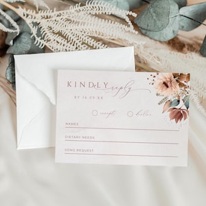 Modelo de cartão de resposta de casamento boho, DOWNLOAD INSTANTÂNEO, Floral elegante, gentilmente responda, Vintage romântico íntimo, Flores rústicas rosa empoeiradas - EP021
