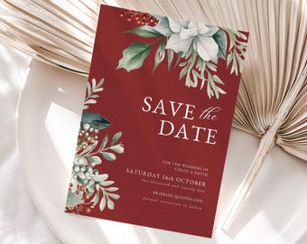 Invitación navideña para reservar la fecha, DESCARGA INSTANTÁNEA, Invitación navideña para reservar la fecha de boda, Plantilla editable de Canva para hacer tú mismo 5x7, Flores de invierno con acebo - EP002