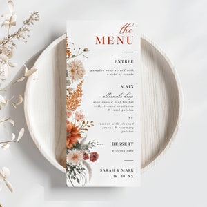 Gebrannte Orange Hochzeitskarte, SOFORTIGER DOWNLOAD, Menüvorlage Dünn, Menüauswahl Vorlage, Frühling Herbst Terrakotta Dekor, Rust Florals - EP009