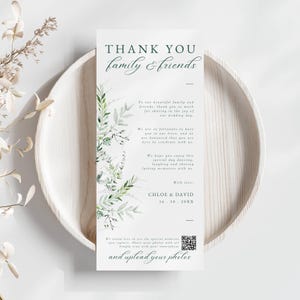 Wedding Thank You Place Card Qr Code, INSTANT DOWNLOAD, Welcome Thank You Note, Canva Template, Napkin Note, Photo Share, Greenery - EP012