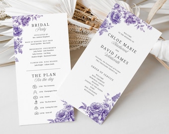Lilac Wedding Program Template, INSTANT DOWNLOAD, Lavender Floral Order Of Service Ceremony, Modern DIY Program Card, Purple Florals - EP018
