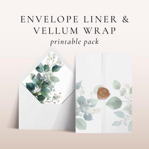 Peut inclure: Enveloppe blanche et enveloppe en vélin avec un motif floral et d'eucalyptus à l'aquarelle. La doublure de l'enveloppe présente une impression botanique assortie. L'enveloppe en vélin est scellée avec un sceau de cire doré. Texte : ENVELOPE LINER & VELLUM WRAP printable pack.