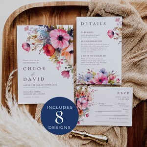 Kleurrijke bloemen uitnodiging Suite, INSTANT DOWNLOAD, hete roze bloemen bruiloft uitnodigingen, wensen goed, Qr RSVP-kaart, heldere bloemen - EP013