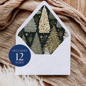 A7 Umschlag Liner Vorlage, INSTANT DOWNLOAD, A7 Euro Flap, 5x7, Winterhochzeit, Aquarell Weihnachtsbäume Weiß Und Gold - EP002