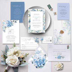 Hydrangea Wedding Invitation Suite, INSTANT DOWNLOAD, Dusty Blue Floral Invite Bundle, Vellum Liner RSVP, Intimate Garden Florals - EP015