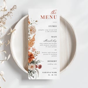 Menú de boda color naranja quemado, DESCARGA INSTANTÁNEA, Plantilla de menú delgada, Plantilla de selección de menú, Decoración de terracota primaveral y otoñal, Flores color óxido - EP009