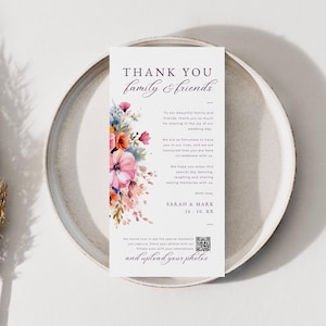 Wedding Thank You Place Card Qr Code, INSTANT DOWNLOAD, Welcome And Thank You Note, Napkin Note, Photo Share, Bright Pink Florals - EP013