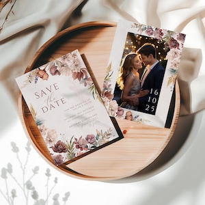 Cartão postal de casamento Boho Save The Date, DOWNLOAD INSTANTÂNEO, modelo Save The Date rosa-poeira, anúncio de data de casamento, foto única - EP021