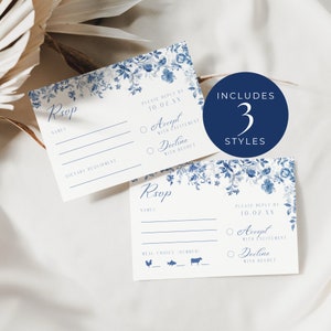 Stoffige blauwe Rsvp-kaart, INSTANT DOWNLOAD, Franse Toile Wedding Insert, Something Blue Reply Card, QR Code Maaltijdopties, Toile Florals - EP010