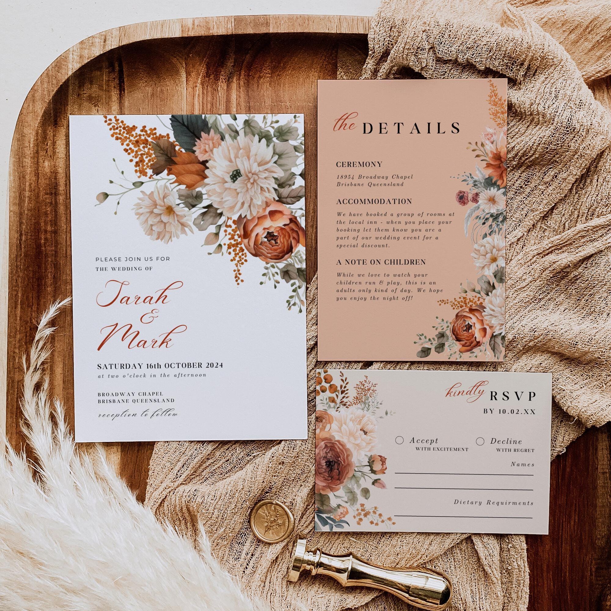 Burnt Orange Wedding Invitation With Qr Code, INSTANT DOWNLOAD