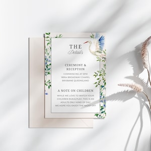 Cartão de detalhes do casamento de garça, DOWNLOAD INSTANTÂNEO, pássaros azuis vitorianos, modelo Canva de inserção floral vintage, vegetação de jardim romântico - EP019