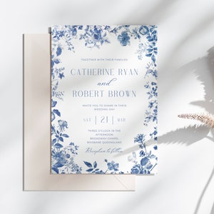 Blue Toile Invite, INSTANT DOWNLOAD, French Toile Wedding Invitation, Toile De Jouy, Canva Template, Something Blue, Toile Flowers - EP010