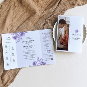 Modelo de convite de casamento dobrável em três partes, DOWNLOAD INSTANTÂNEO, Cartão de convite de casamento dobrável em três partes com fotos, Toile De Jouy Floral roxo - EP018