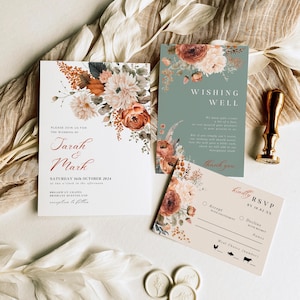 Faire-part de mariage orange brûlé avec code QR, TÉLÉCHARGEMENT IMMÉDIAT, suite d'invitations florales, RSVP pour tous, parure de mariage en terre cuite - EP009