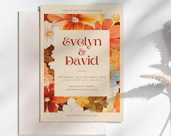 Wedding Invitation Burnt Orange Floral, INSTANT DOWNLOAD, Retro Wedding Invite, Vintage Vibes Decor, Canva Template, Fall Wedding - EP009