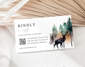 Mountain Wedding Invitations Inserts, INSTANT DOWNLOAD, Kindly Reply Insert, Woodland Forest Canva Template, Rustic Rsvp Card, Sage - EP022