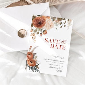 Burnt Orange Save The Date, INSTANT DOWNLOAD, Enclosure Cards For Save The Date, Canva Editable DIY Template 5x7,  Terracotta Floral - EP009