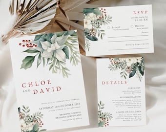 Wedding Invitation Suite Christmas, INSTANT DOWNLOAD, Winter Forest Wedding Invite Set, Wishing Well, RSVP Qr Code, Greenery Holly - EP002