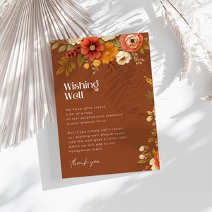 Inserção de convite de casamento dos desejos, download instantâneo, inserção de bolsa de boas-vindas, cartão dos desejos, modelo Canva, floral laranja queimado - EP009