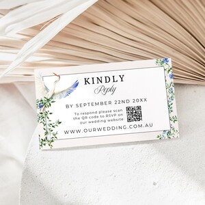 Reiger bruiloft vriendelijk antwoord QR-code, INSTANT DOWNLOAD, Blue Birds-websitekaart, vintage bloemen RSVP-canvasjabloon, romantische tuin - EP019