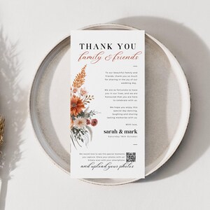 Wedding Thank You Place Card Qr Code, INSTANT DOWNLOAD, Welcome And Thank You Note, Napkin Note, Photo Share, Burnt Orange Florals - EP009