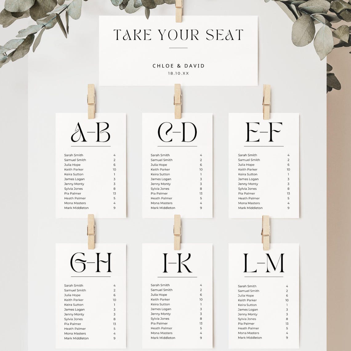 Seating Chart Cards Alphabetical, INSTANT DOWNLOAD, Table Seating Card ...