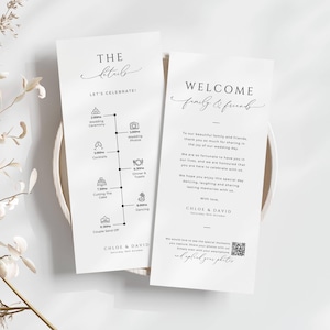 Cartões de hotel para casamento, código QR, DOWNLOAD INSTANTÂNEO, etiquetas de bolsa de boas-vindas, modelo Canva, etiqueta de bolsa de presente moderna, inserção de cartão de detalhes, minimalista - EP100