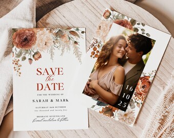 Burnt Orange Save The Date Double Sided, INSTANT DOWNLOAD, Enclosure Cards For Save The Date, Canva Template 5x7,  Terracotta Floral - EP009