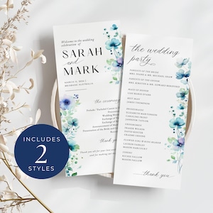 Wedding Program Template Blue Flowers, INSTANT DOWNLOAD, Order Of Service Ceremony, Modern DIY Program Card, Canva, Abstract Florals - EP005