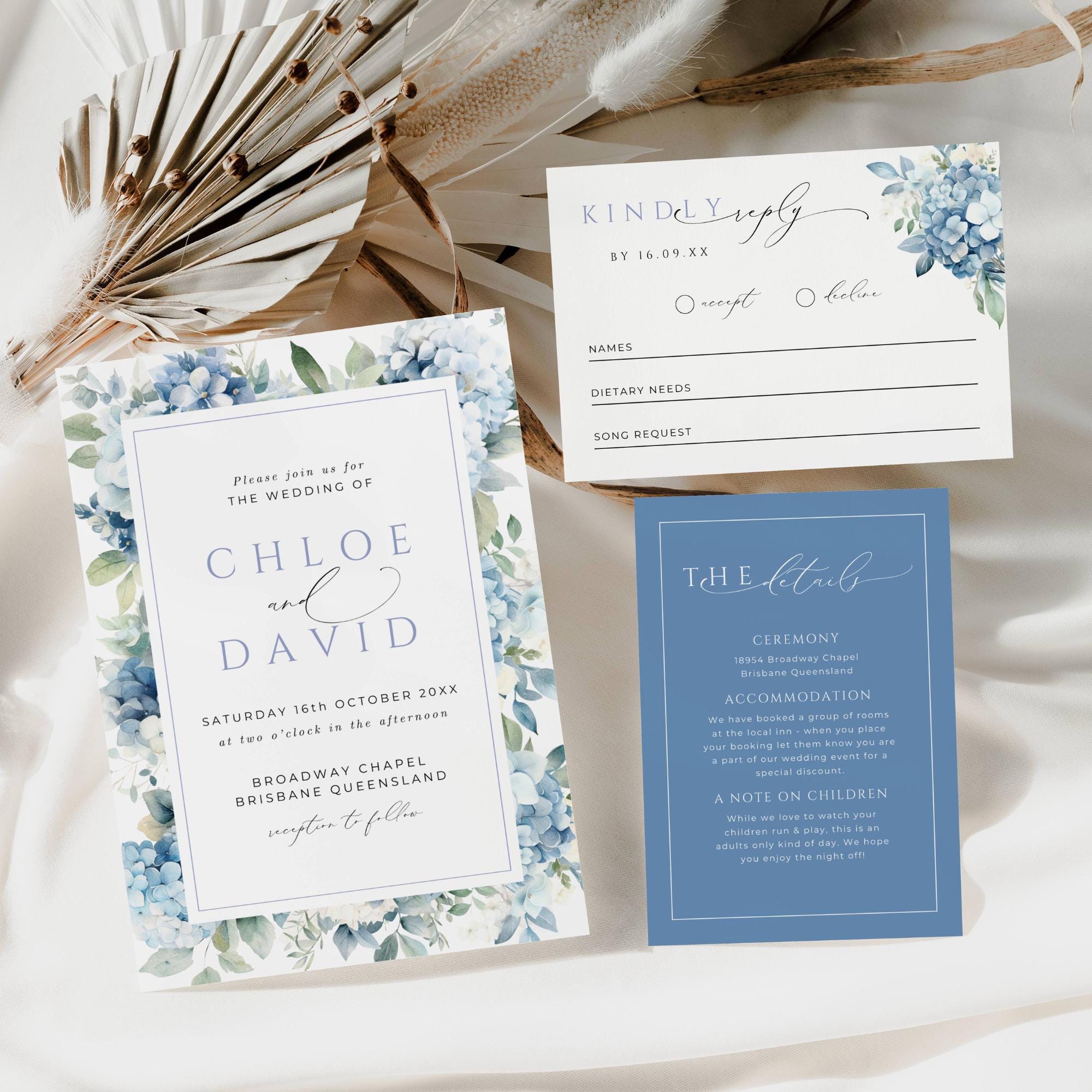 Pacchetto di inviti per matrimonio con ortensie, DOWNLOAD IMMEDIATO, Suite di inviti Dusty Blue, RSVP "Well Wishing Well", Fiori da giardino Something Blue - EP015
