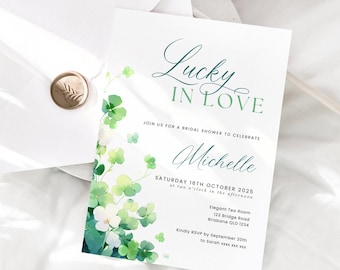 Lucky In Love Bridal Shower Invitation, INSTANT DOWNLOAD, St Pattys Day Invite, March Bridal Shower Invite Template, Shamrock Clover - EP001