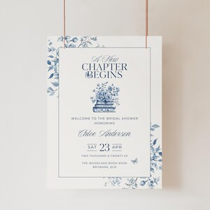 A New Chapter Begins Bridal Shower Sign, INSTANT DOWNLOAD, Book Themed Welcome Sign, Storybook Dusty Blue, French Blue Toile Florals - EP010