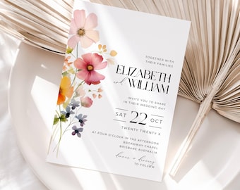 Invitación de boda Flores silvestres en flor, DESCARGA INSTANTÁNEA, Invitaciones de boda con flores silvestres en tonos pastel, Plantilla floral de Canva, Flores en acuarela - EP016
