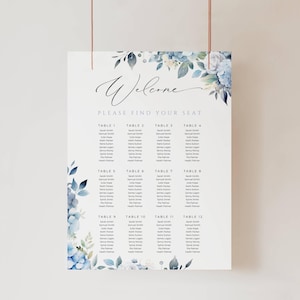 Letrero con plano de asientos de hortensias azules, DESCARGA INSTANTÁNEA, Boda en azul polvoriento, Letrero para encontrar su asiento, Decoración íntima y elegante, Hortensias - EP015