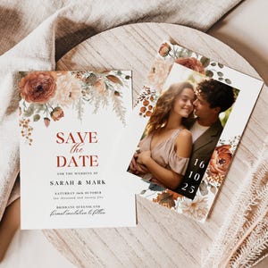 Burnt Orange Save The Date Double Sided, INSTANT DOWNLOAD, Enclosure Cards For Save The Date, Canva Template 5x7,  Terracotta Floral - EP009