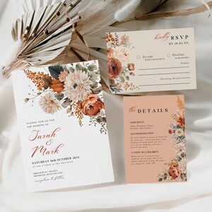 Burnt Orange Wedding Invitation With Qr Code, INSTANT DOWNLOAD, Floral Invitation Suite, Wishing Well RSVP, Terracotta Wedding Set - EP009