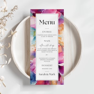 Wedding Menu Template Classy, INSTANT DOWNLOAD, Wedding Menu Template Thin, Reception Card, Spring Wedding Decor, Bold Colorful Boho - EP008