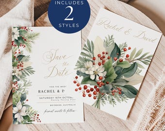 Invitación de boda navideña para reservar la fecha (DESCARGA INSTANTÁNEA), tarjeta imprimible para reservar la fecha de la boda, motivos florales navideños - EP002