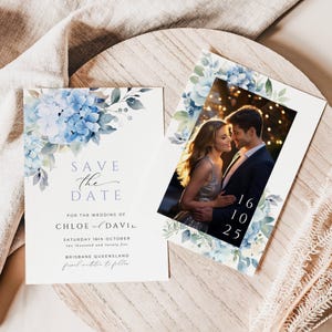 Wedding Save The Dates Hydrangea, INSTANT DOWNLOAD, Dusty Blue Hydrangeas, Wedding Date Announcement Single Photo, Canva Template - EP015