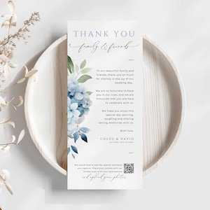 Código QR para tarjeta de agradecimiento de boda, DESCARGA INSTANTÁNEA, Nota de bienvenida y agradecimiento, Nota para servilleta en azul polvoriento, Compartir fotos, Hortensias - EP015