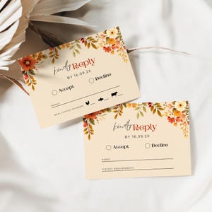 Wedding Invitation Rsvp Burnt Orange Floral, INSTANT DOWNLOAD, RSVP Card with Meal Option Icons, Dietary requirements, Qr Code - EP009