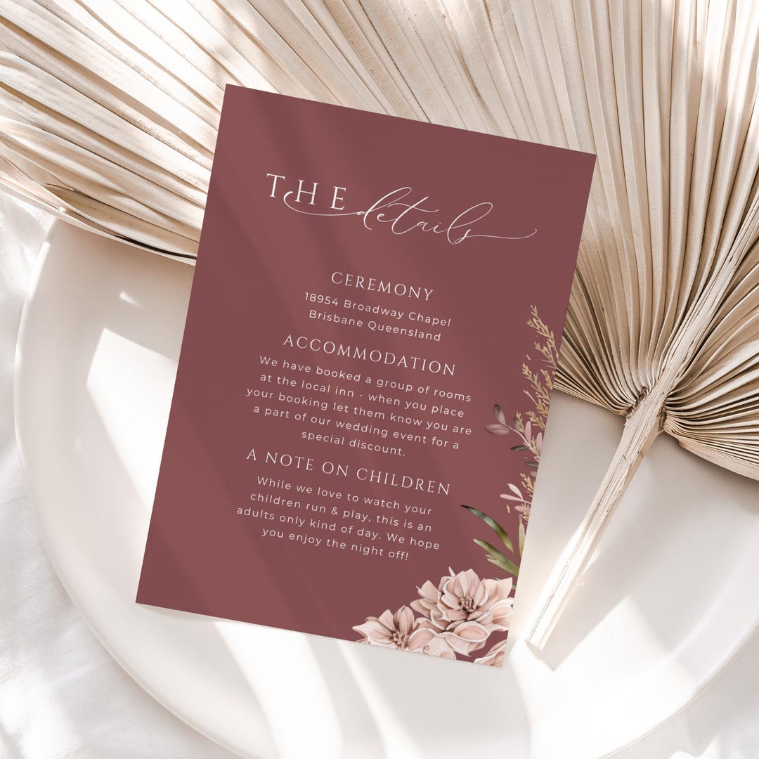 Boho Wedding Invitation Details Card, INSTANT DOWNLOAD, Elegant Floral ...