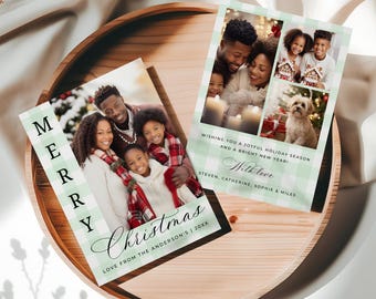 Editable Christmas Photo Card, Family Picture Collage, Canva Holiday Card Template, Light Green Gingham Pattern, INSTANT DOWNLOAD - EP017