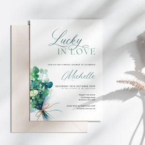 Faire-part de douche nuptiale Lucky In Love, téléchargement immédiat, invitation de la Saint-Patrick, modèle d'invitation de douche nuptiale de mars, trèfle trèfle - EP001